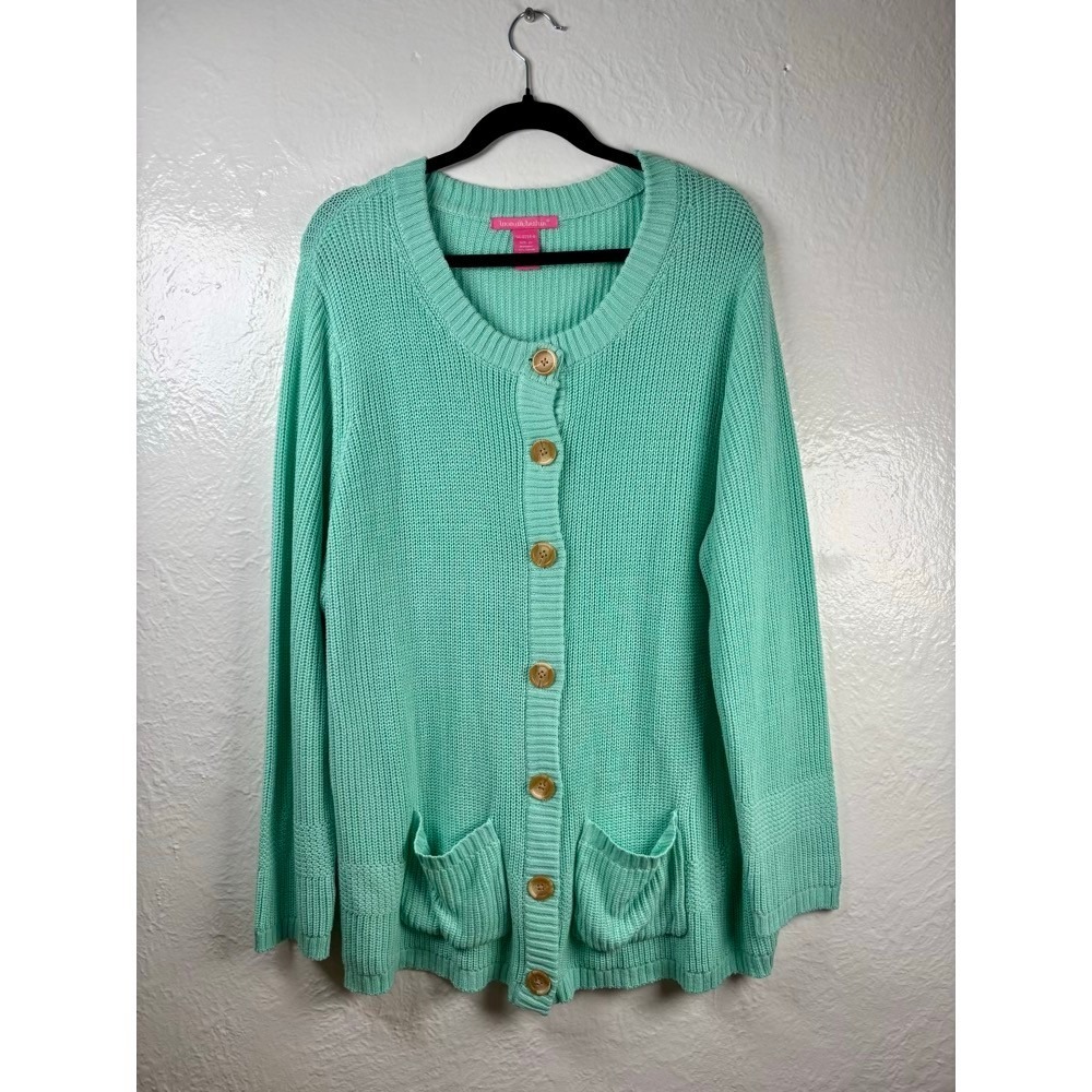 Cardigan Shaker Knit Sweater Mint Green 2X Button Front Pastel Coastal Layering